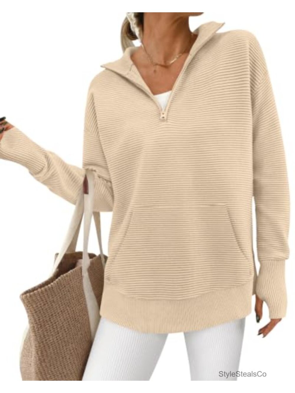 Quarter Zip Pullover Sweater Women Long Sleeve Thumb Hole Kangaroo Pocket Loose